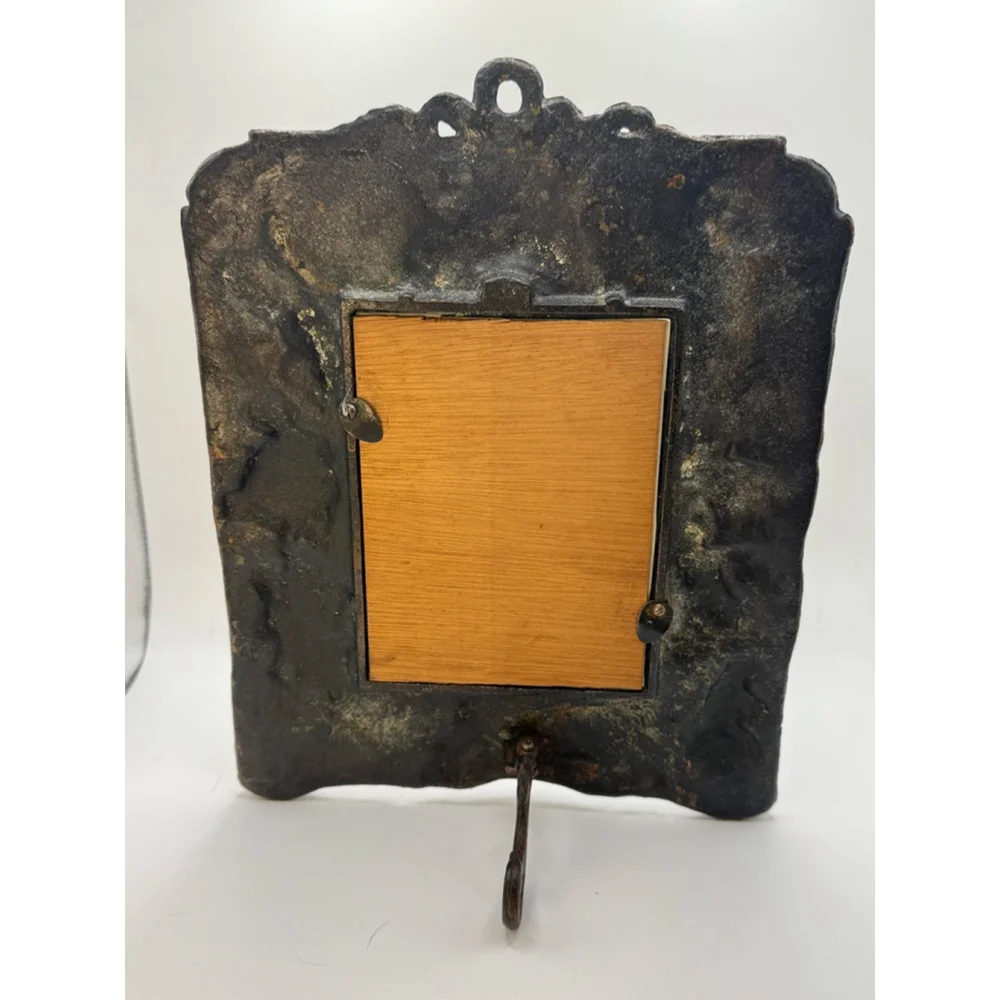 Vintage Ornate Cast Metal Picture Frame Cherub Floral Black Bronze Patina 4.5x6
